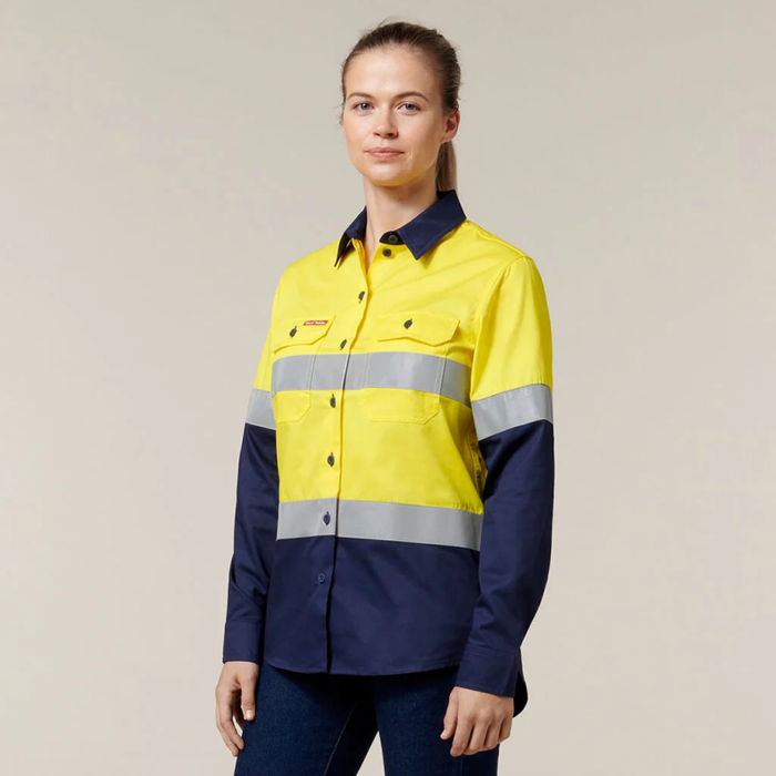 Hard Yakka Long Sleeve Hi Vis Light Weight 2 Tone Ventilated Shirt With 3M Reflective Tape