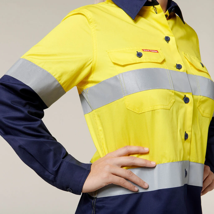 Hard Yakka Long Sleeve Hi Vis Light Weight 2 Tone Ventilated Shirt With 3M Reflective Tape