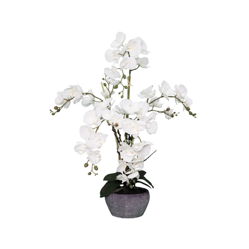 Stunning Artificial Large White Orchid in a Grey Clay Pot enhances home decor with timeless elegance