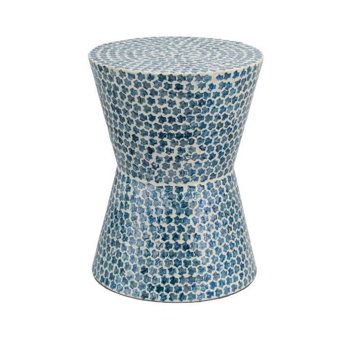 Close-Up of Intricate Mosaic Tile Work on Luxury White and Blue Accent Table Stool