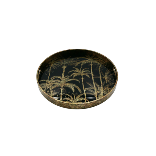 Gold finish palm tree-designed tray radiating luxury and tropical flair.