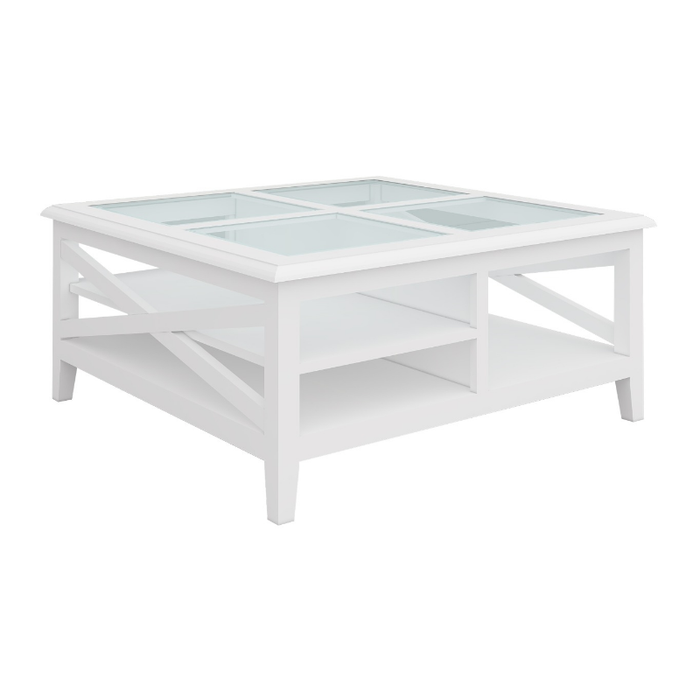 Elegant and Functional White Coffee Table with Clear Glass Top and Display Rack