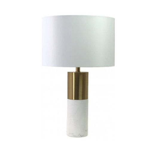 Elegant white-shaded Round Base Gold and Marble Table Lamp – illuminating modern elegance