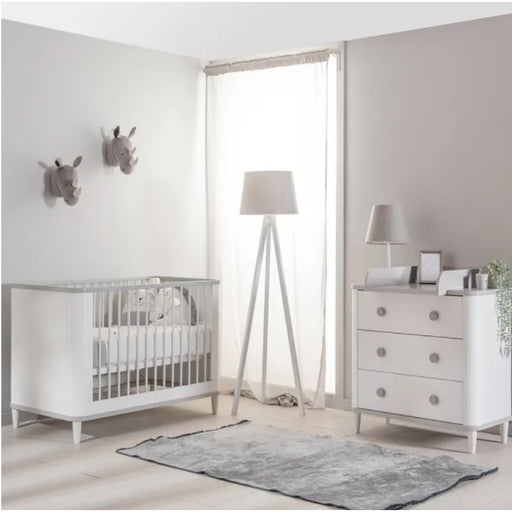 Elegantly designed Love N Care Noor Cot White with chic grey border in a modern nursery