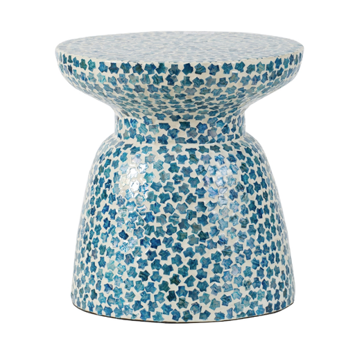 Luxurious white and blue mosaic stool with shell inlay pattern for a serene home vibe