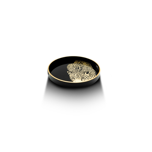 Elegant round tray with a bold cheetah print, set against a contemporary background
