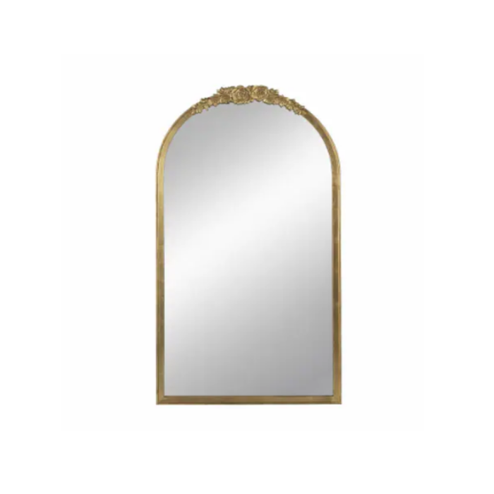 Regal Reflections: The Floor Mirror with Carved Floral Crest and Gold Fir Wood Frame