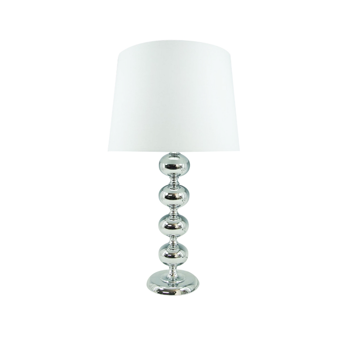 Embrace the glow of sophistication with our Silver Balls White Shade Table Lamp, where elegance and warmth light up your home
