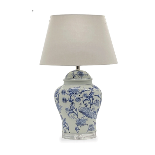 Hand-painted White and Blue Porcelain Lamp with an Oval Shade for refined home interiors.