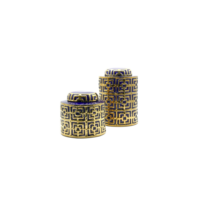 Elegant Victoria Jar in navy and gold, perfect for sophisticated interior styling.