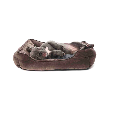 Luxury brown and grey puppy bed in plush faux fur