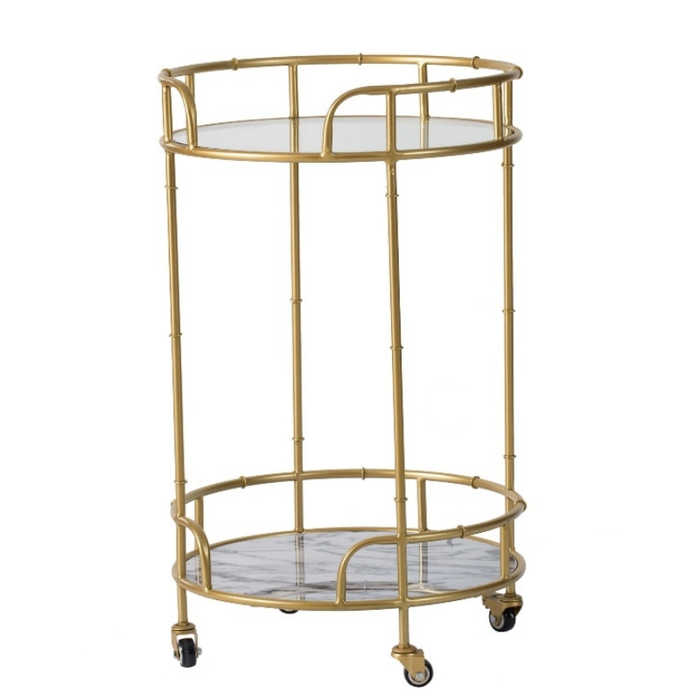 Sophisticated Two-Tier Gold Trimmed Side Cart with Rolling Wheels for 