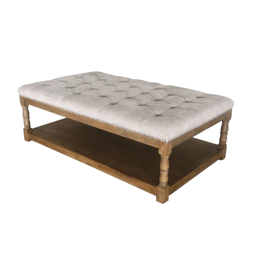 Beige Tufted Ottoman with practical shelf, blending elegance and functionality in a warm living space