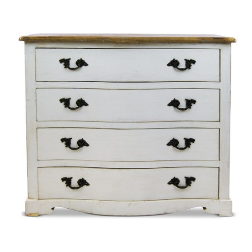 "Elegant white chest with black handles and timber look top, enhancing the home's decor."