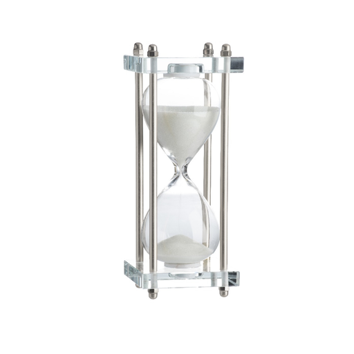 Elegant 30-Minute White Sand Hourglass in a Crystal Clear Stand, symbolizing peace and refinement in home decor.
