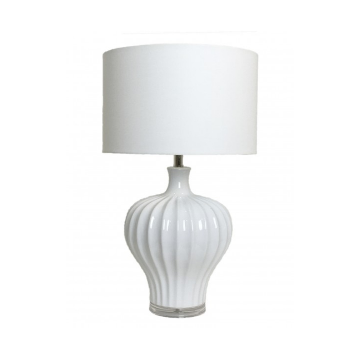 Close-up of Tan's sophisticated Ceramic White Table Lamp displaying its sleek design and quality materials