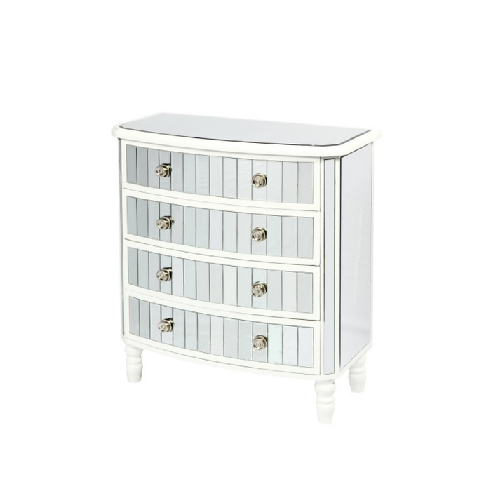 Sophisticated white and mirror chest with four drawers for elegant interior storage solutions