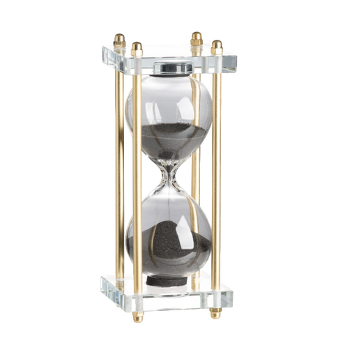 Elegant Black Sand Hourglass with Gold-Trimmed Clear Glass Stand, bringing a touch of sophistication and time precision to any space.