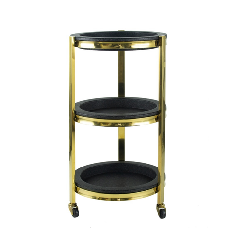 Sophisticated Noir & Or Bar Cart with resplendent gold trim and deep black trays ready for elegant entertaining
