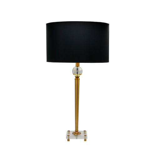 Luxurious Mandarin High Lamp with gold and clear base casting an inviting glow through its elegant black shade