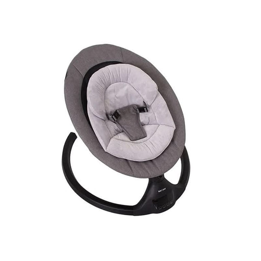 Comfy baby in the Love N Care grey swing with a secure 3-point harness