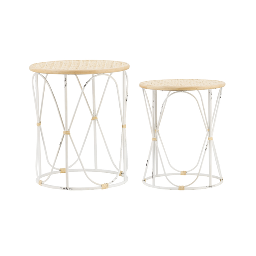 Set of 2 Bamboo Weave Iron Side Tables in Distressed White – Rustic Elegance