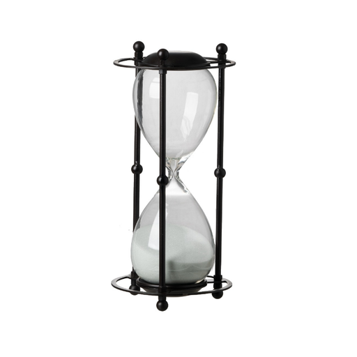One Hour White Sand Timekeeper with Round Black Stand - a modern twist on classic timekeeping