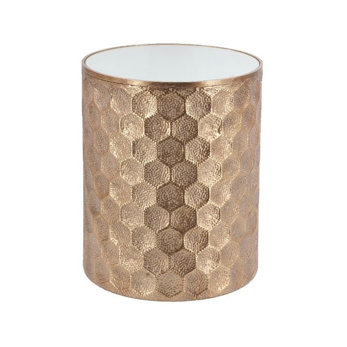 Shimmering gold Honeycomb Gleam Side Table with a glass top and intricate metalwork, radiating modern sophistication