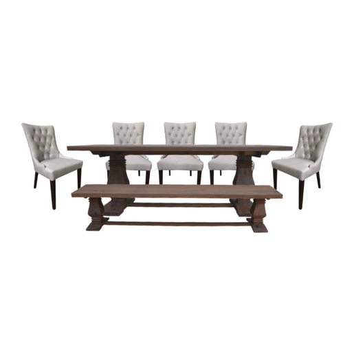 Athena 7-Piece Dining Set is showcasing a robust walnut table and bench with intricate wood patterns
