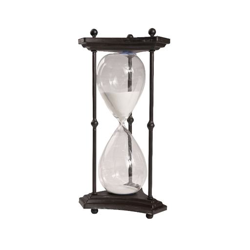 Elegant Tri-Pillar Elegance Hourglass with serene white sand encased in a striking black stand - the epitome of sophistication in home decor