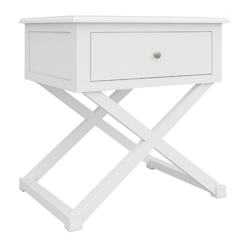 Elegant White Hampton Side Table with Crossed Legs and Storage Drawer