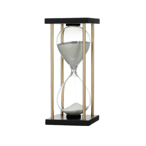 Trio of hourglass timers with serene white, vibrant teal, and earthy brown sands, each nestled in an elegant black and gold stand.