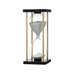 Trio of hourglass timers with serene white, vibrant teal, and earthy brown sands, each nestled in an elegant black and gold stand.