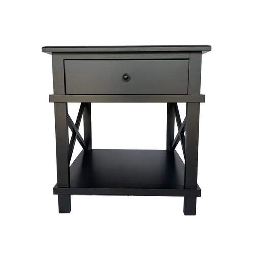 Close-up of the Hampton Bedside Table's classic black finish and drawer detail, showcasing elegance and functionality