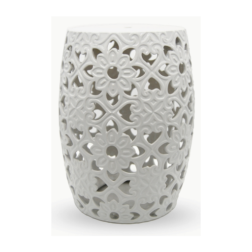 Elegant white ceramic stool with a detailed flower lace pattern for sophisticated interiors