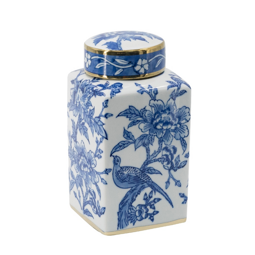 Blue and White Bird and Flower Pattern Lidded Jar : Whimsical Charm for Little Ones