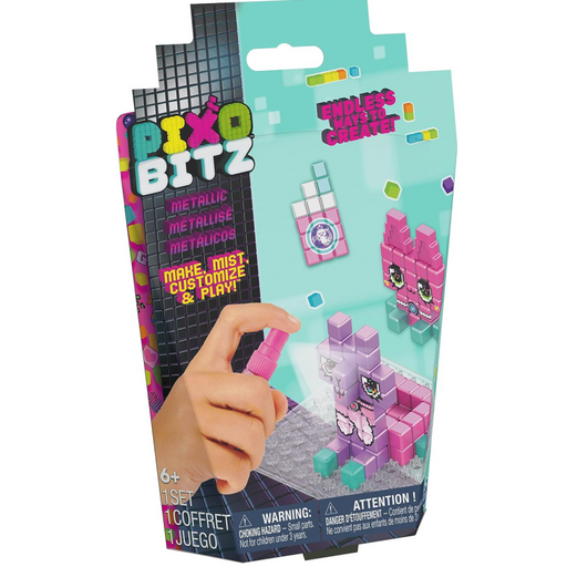 Close-up of the vibrant metallic Bitz and water spray tool from the Pixobitz crafting kit.