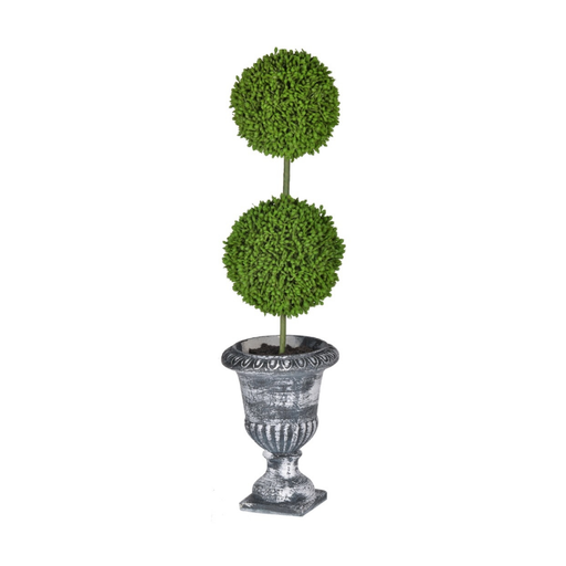 Elegant two-tier round faux topiary design bringing timeless beauty to indoor spaces