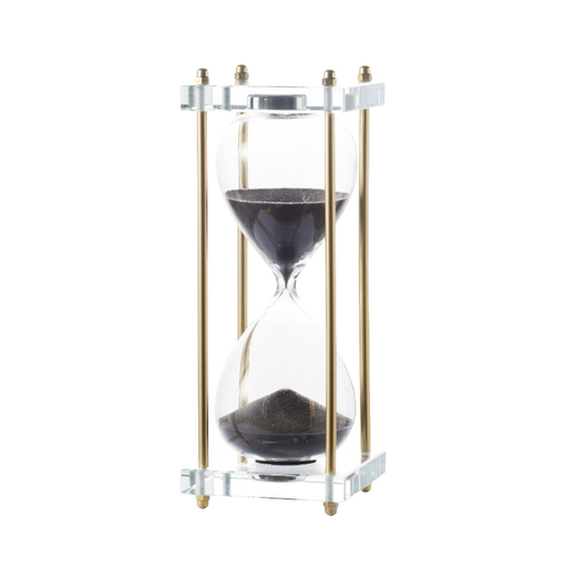 Sophisticated 30-Minute Black Sand Hourglass with Clear Glass and Gold Stand, harmonizing elegance with time consciousness in home decor