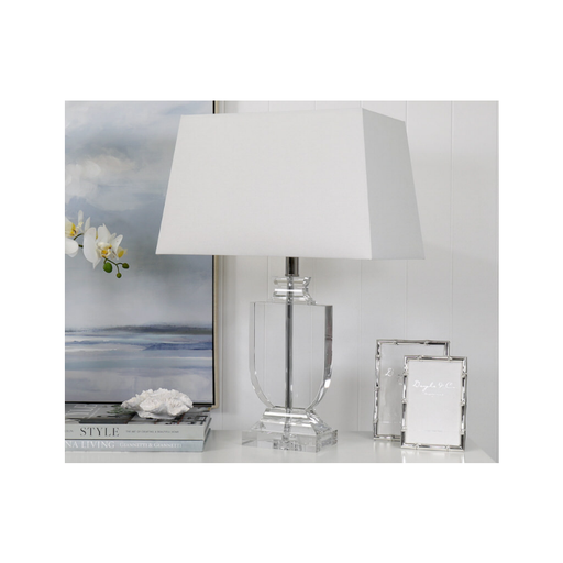 Paris Crystal Clear White Shade Table Lamp shining beautifully in a modern home setting