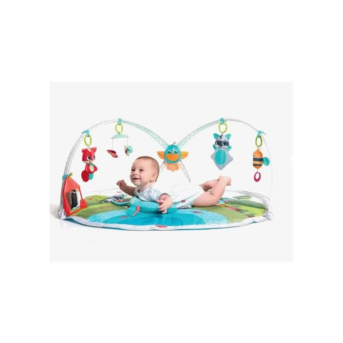 Baby enchanted by the lights and sounds of the recording bird toy on the Meadow Days Dynamic Gymini.