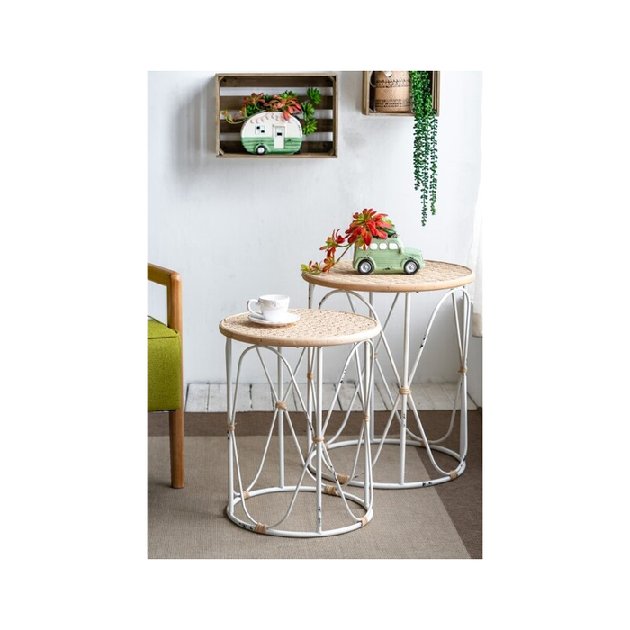 Elegant Dual-Sized Bamboo Weave Tables with an Iron Frame for Modern Homes