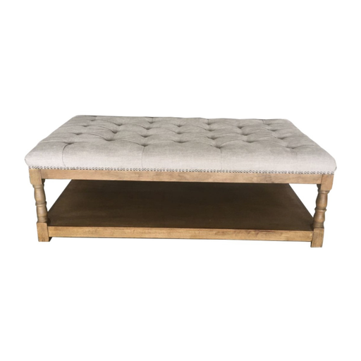 Sophisticated Beige Ottoman showcasing tufted fabric and storage shelf, a versatile addition to modern homes
