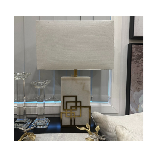 Hugo Marble Lamp with linen shade.