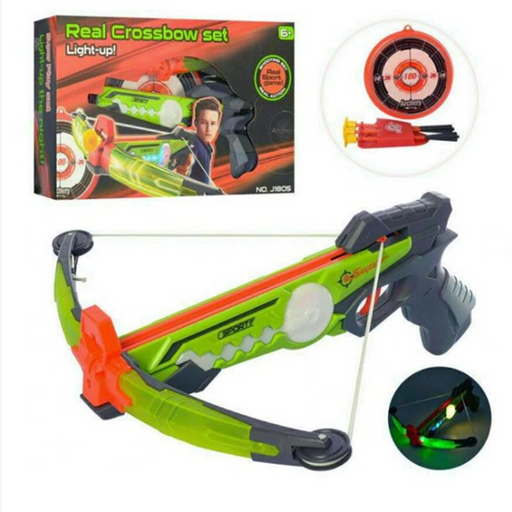 The complete Luminous Archer Set with an illuminated crossbow ready for a backyard adventure
