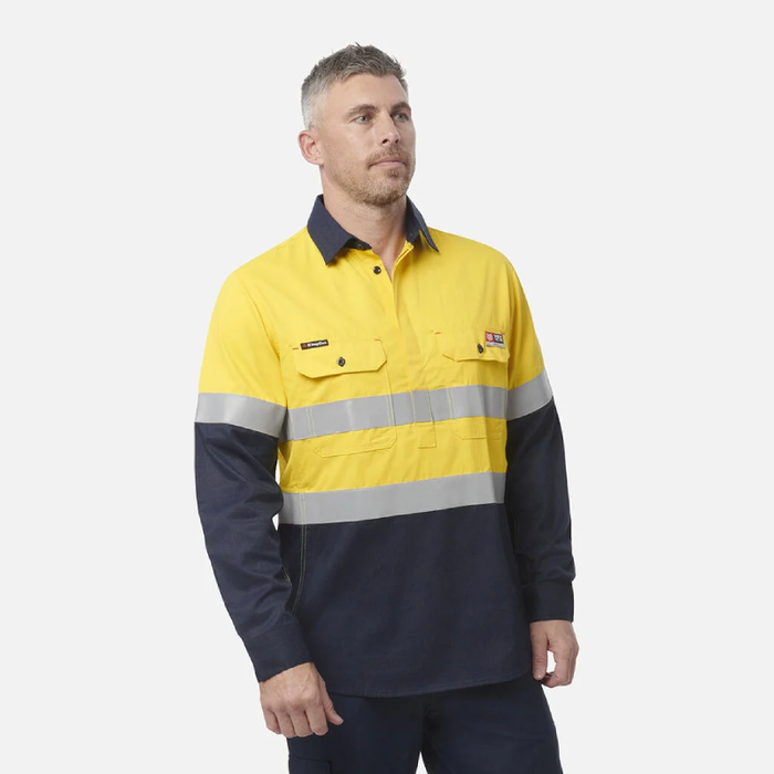 King Gee Shieldtec Flame Retardant  Hi-Visibilty Two Tone Closed Front Long Sleeve Shirt With Fr Tape Flame Resistant