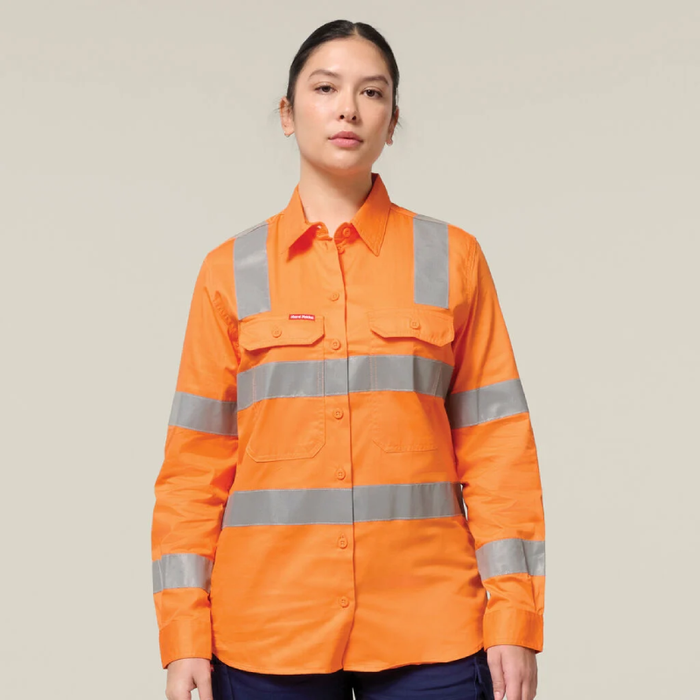 Hard Yakka Womens Foundations Biomotion Hi Vis Shirt With Tape Long Sleeve