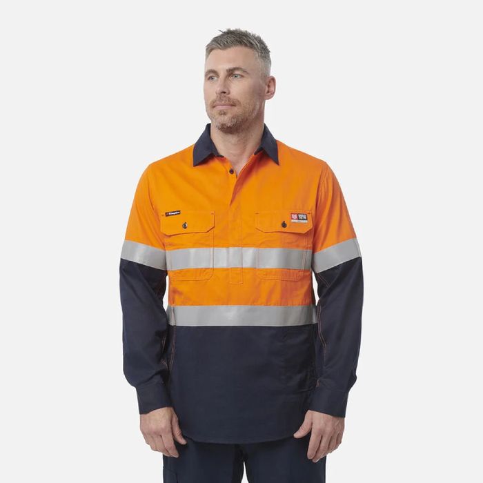 King Gee Shieldtec Flame Retardant  Hi-Visibilty Two Tone Closed Front Long Sleeve Shirt With Fr Tape Flame Resistant