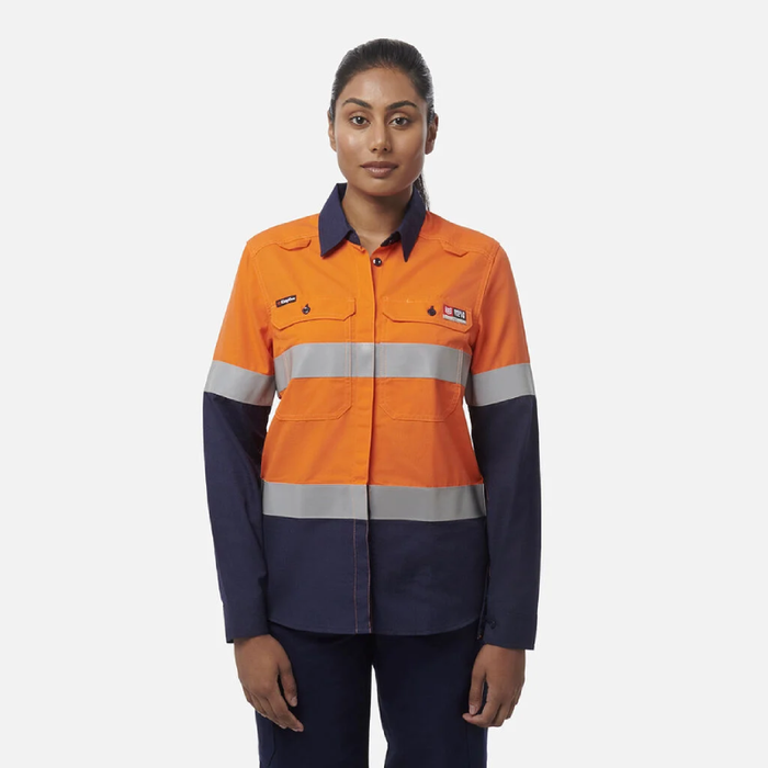 King Gee Women's Shieldtec Lenzing Flame Retardant  Hi-Vis Fire Resistant Spliced Open Front Taped Shirt