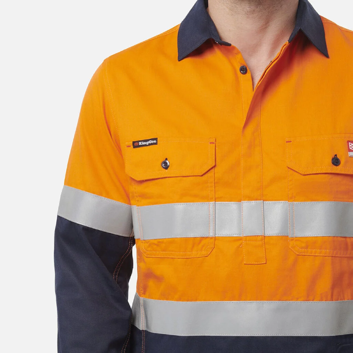 King Gee Shieldtec Flame Retardant  Hi-Visibilty Two Tone Closed Front Long Sleeve Shirt With Fr Tape Flame Resistant